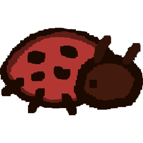 A pixelated style drawing of a simplistic ladybug, it's wings are a dull red with dark brown spots while it's head is a warm dark brown color